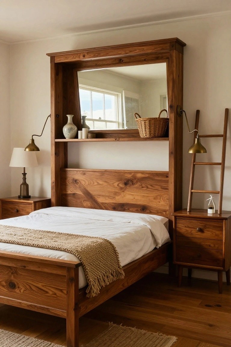 A cozy bedroom with a tall wooden headboard featuring an integrated mirror, open shelves holding vases and a basket, a white bed with tan throw, wooden nightstands, brass lamps, and hardwood floors.