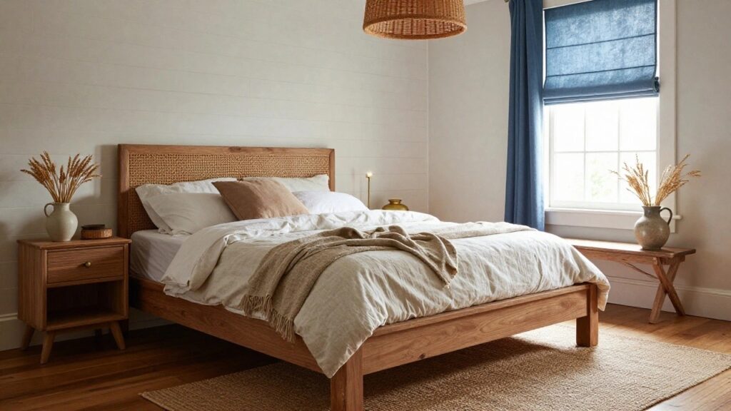 18 Brilliant Farmhouse Furniture Bedroom Ideas That Transform The Space A farmhouse-style bedroom with a low wooden bed frame featuring a rattan headboard, white linen bedding with a beige throw, matching wooden nightstands holding lamps and pampas grass in vases, blue curtains on windows, white shiplap walls, and a seagrass rug on hardwood floors.