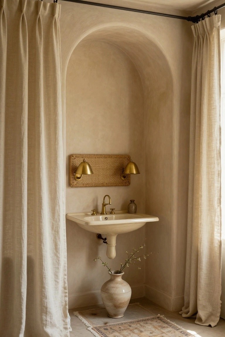 Beige arched plaster niche containing a white pedestal sink with brass faucet, flanked by tall pleated beige linen curtains hanging from black rods, brass sconces with rattan shades mounted on woven panel above sink, terracotta vase with branches next to sink, and patterned rug on tiled floor.