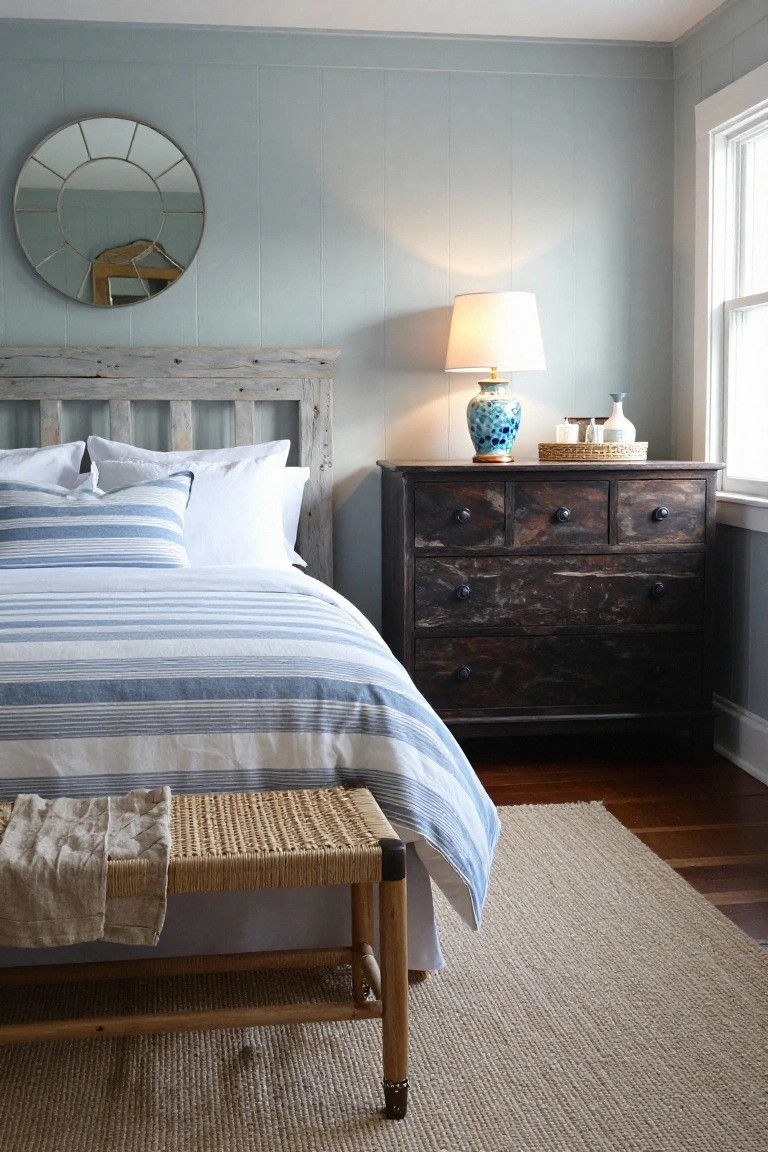 Cozy bedroom with blue-striped bedding, wooden furniture, and a decorative lamp.