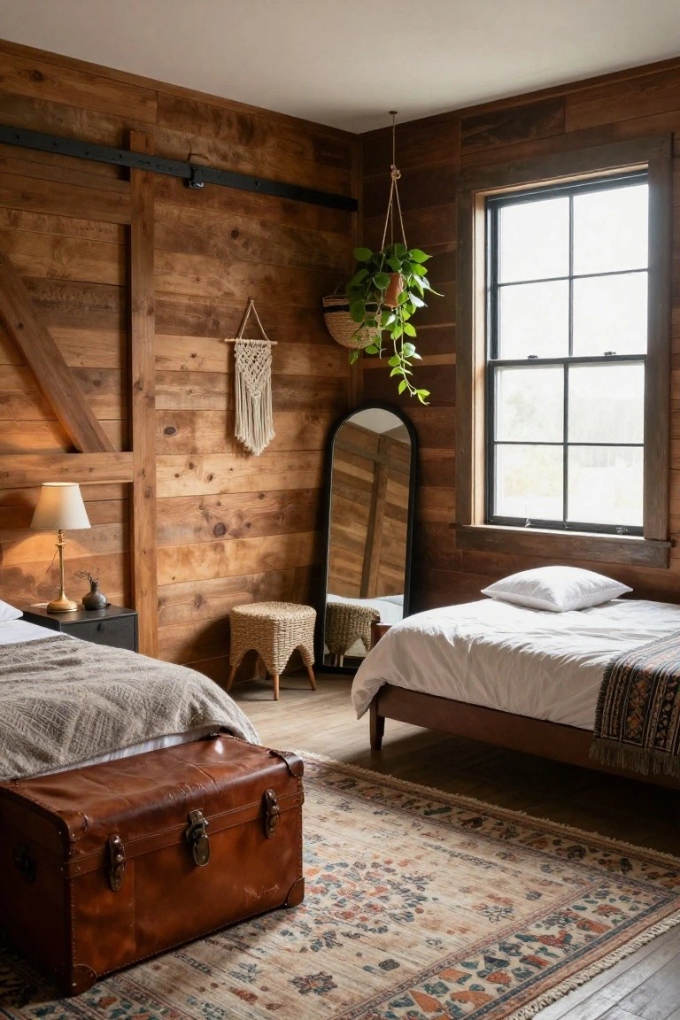 Wood-paneled bedroom featuring two twin beds with white bedding and woven throws, a brown leather trunk on the floor, rattan stools beside an arched mirror, hanging plants, and a patterned rug.