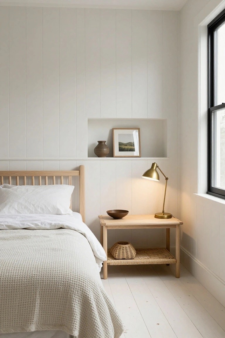 Corner view of a bedroom with white shiplap walls, light oak spindle bed with white sheets and throw, wooden nightstand holding a brass lamp, wooden bowl, and basket, plus a wall niche with vase and framed photo above a black-framed window.