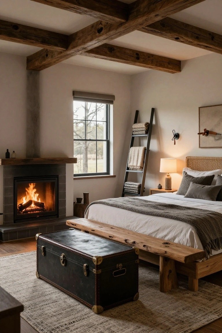 Bedroom with white walls, exposed wooden ceiling beams, stone fireplace with fire, king bed with gray bedding and pillows, wooden bench and black vintage trunk at foot of bed, ladder shelf with towels, bedside table with lamp, and window showing trees outside.