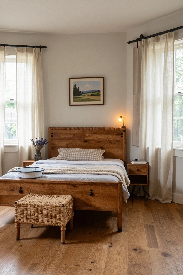 Corner bedroom with low oak wood bed frame, white enamel basin on bed, checkered pillows, woven stool at foot, nightstand, lavender vase, sheer curtains on two windows, and oak hardwood floors.