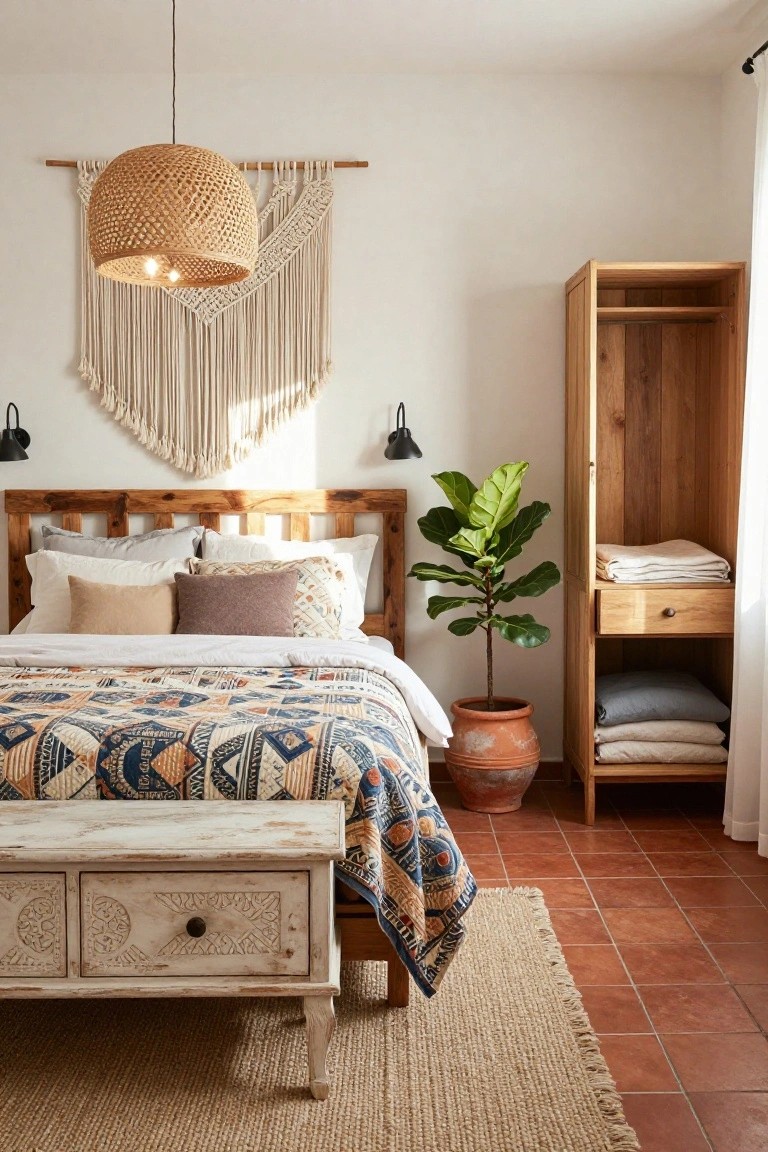 Cozy bedroom with white walls, rattan pendant light and macrame wall hanging above wooden bed frame with colorful quilted bedspread, tall wooden wardrobe containing fiddle leaf fig plant and linens, wooden bench at bed foot, seagrass rug on terracotta tile floor.