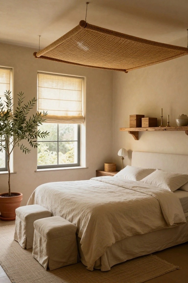 Bedroom with suspended woven rope canopy above a white linen king bed, two upholstered ottomans at the foot, potted olive tree, wooden floating shelves holding boxes and ceramics, beige walls, and windows with rolled linen shades.