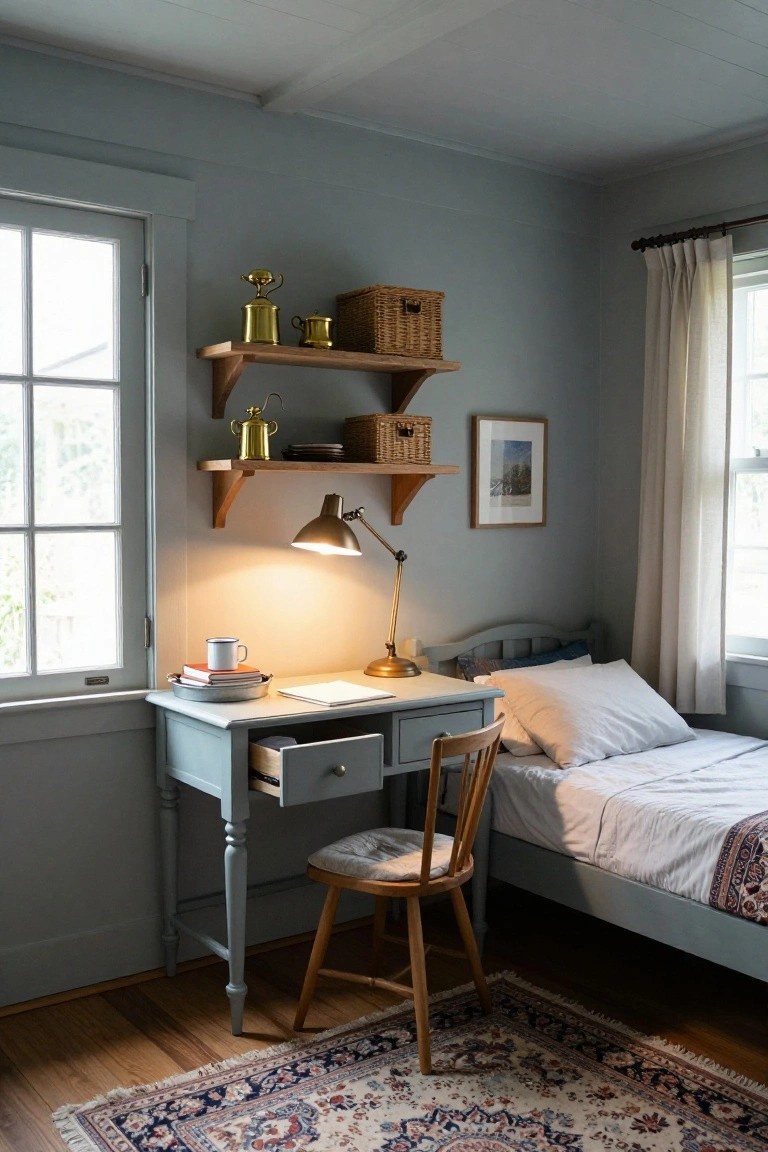 Bedroom corner with light blue-gray painted wooden desk and chair, brass lamp on desk, open wood shelves above holding brass items and wicker baskets, next to painted bed frame with white pillows and sheets, Persian rug on hardwood floor.