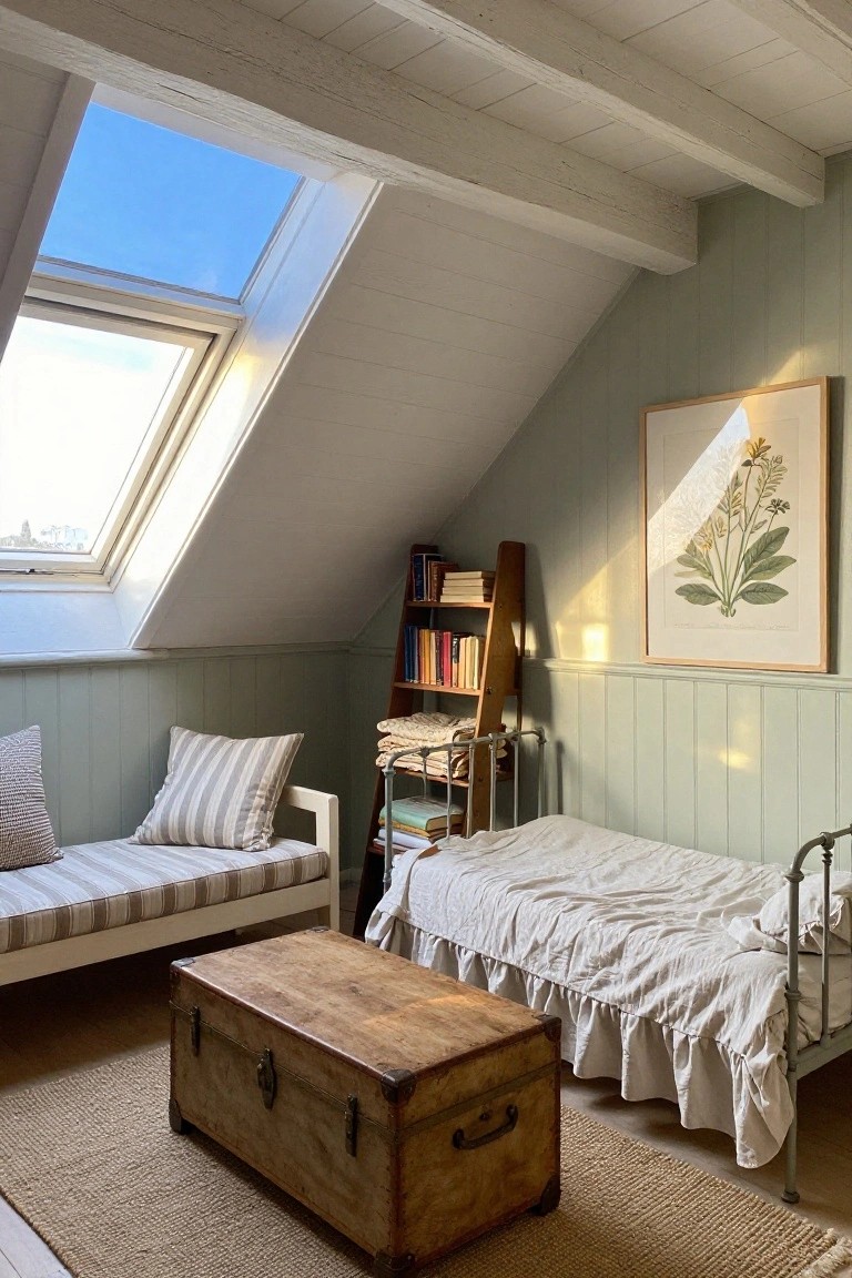 Attic bedroom with sloped whitewashed ceiling and skylight, pale green paneled walls, ladder bookshelf with books, single iron bed with white linens, wooden trunk chest on rug, and striped daybed.