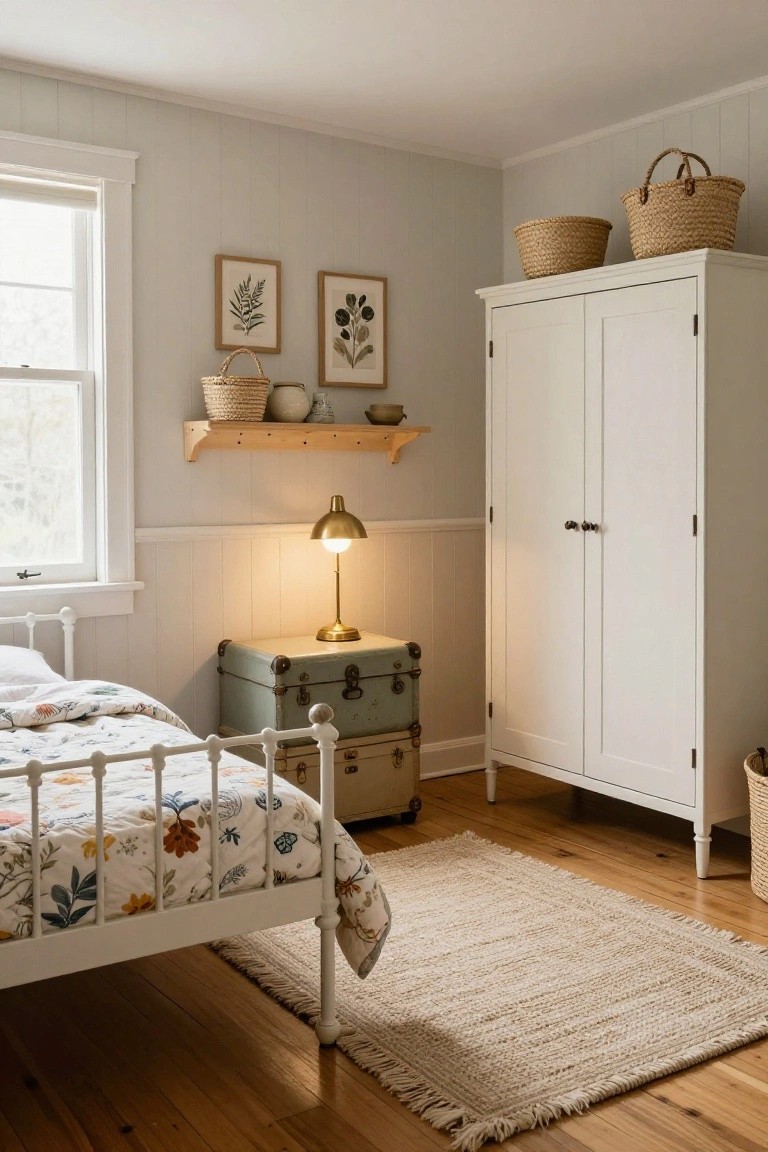 Bright, cozy bedroom featuring a white metal bed, floral bedding, and wooden decor.