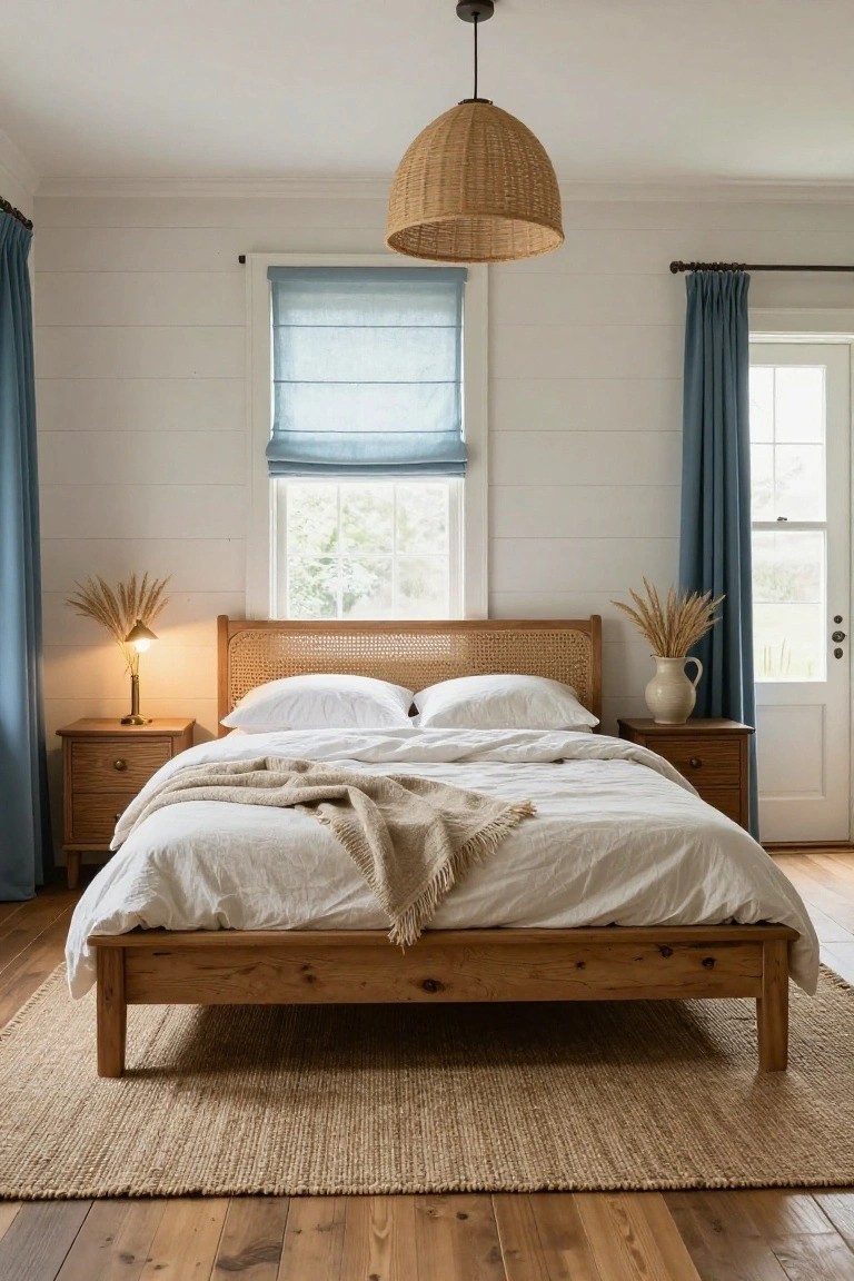 A farmhouse-style bedroom with a low wooden bed frame featuring a rattan headboard, white linen bedding with a beige throw, matching wooden nightstands holding lamps and pampas grass in vases, blue curtains on windows, white shiplap walls, and a seagrass rug on hardwood floors.