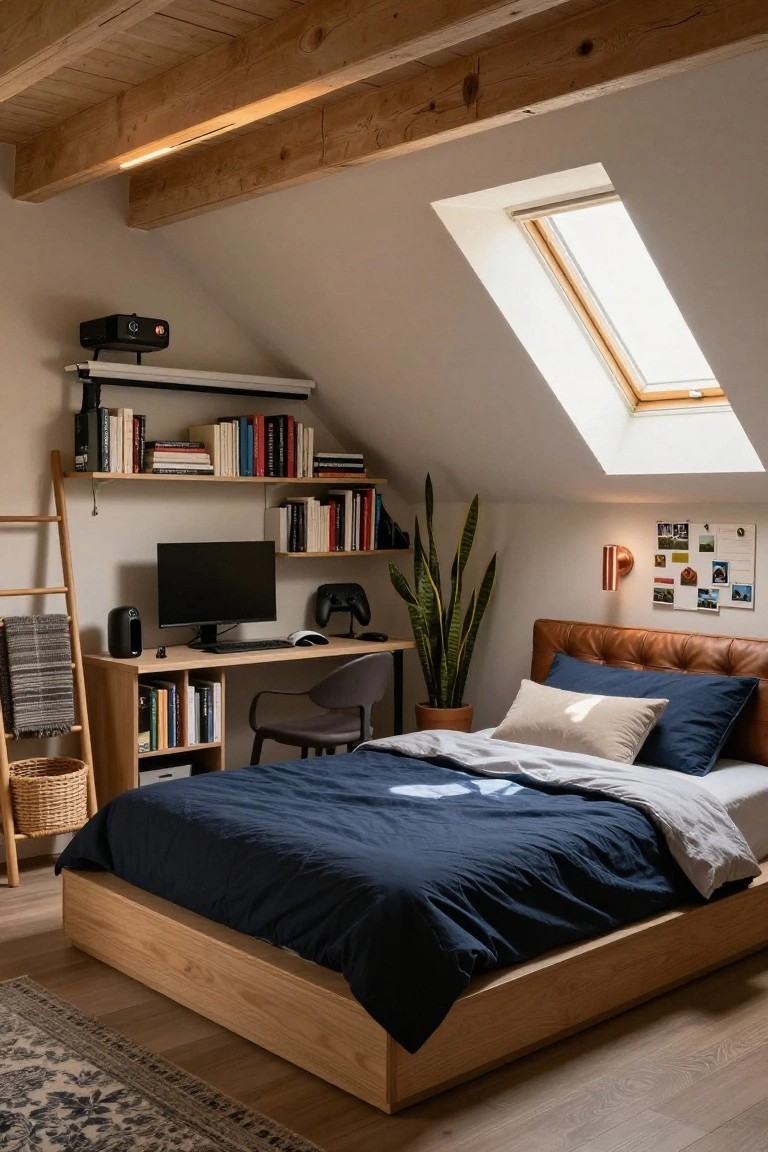 Attic bedroom with sloped white ceilings and exposed wooden beams, featuring a wooden desk with black monitor, keyboard, gaming controller, and chair, bookshelves, potted snake plant, tan leather headboard bed with navy and gray bedding, ladder, and skylight.