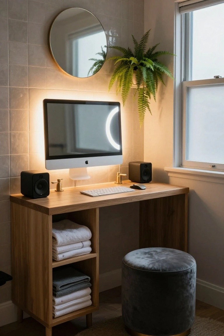 Wooden desk with open cubbies storing folded white and gray towels, topped by an iMac monitor with ring light, black speakers, white keyboard, and mouse in a tiled room with a round mirror, potted plant, window, and gold sink faucet.