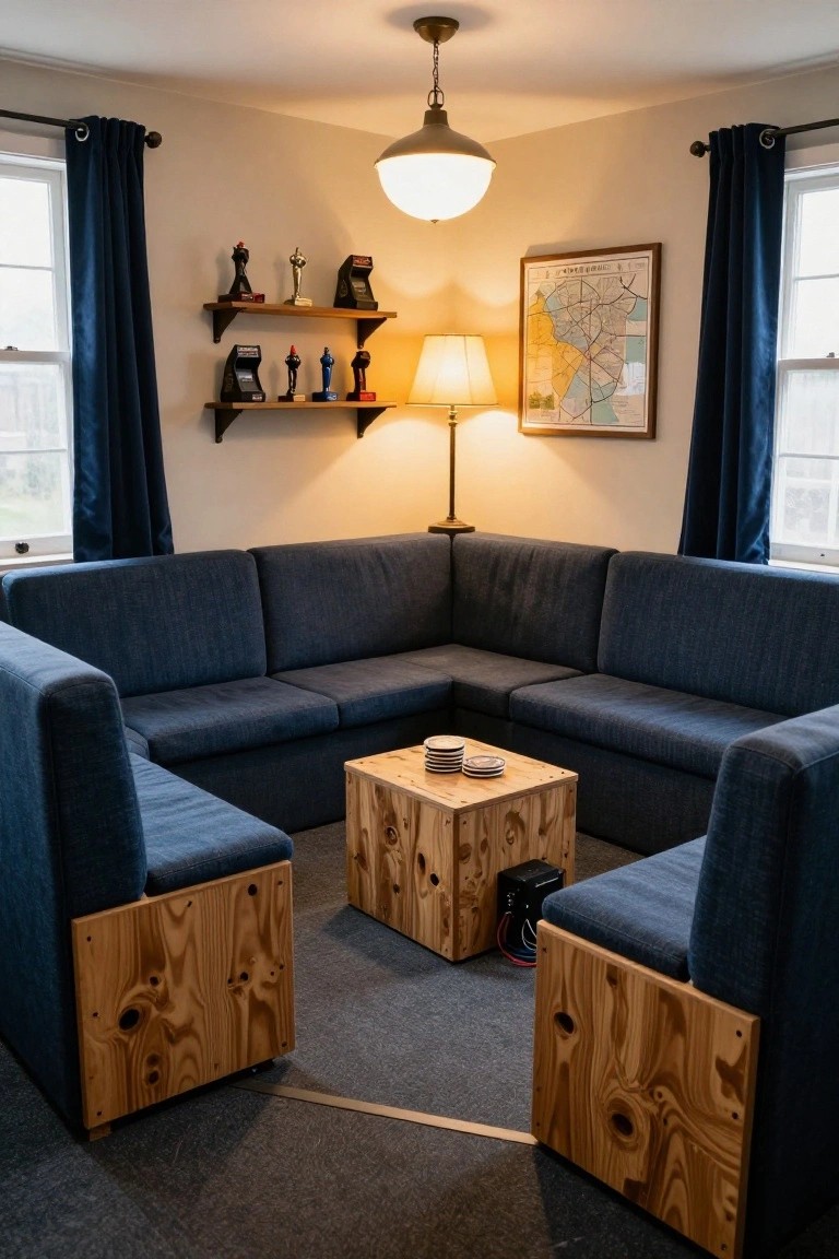 Corner indoor room featuring a navy blue L-shaped sectional sofa with wooden armrests around a central wooden cube table holding plates, shelves displaying gaming trophies and figures, lamps, and a city map on the wall.