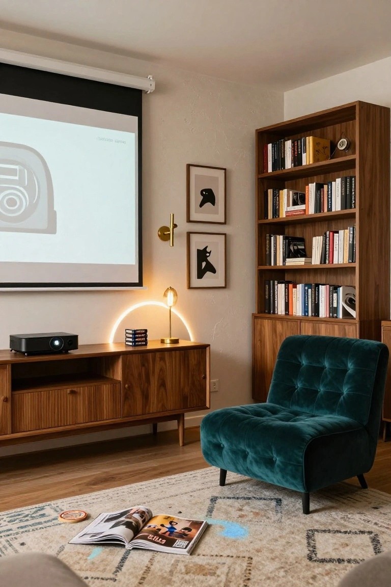 A living room corner featuring a pulled-down projector screen, black projector on a wooden media console, emerald green velvet armchair, wooden bookshelves filled with books, arched lamp, and patterned rug with an open magazine on the floor.