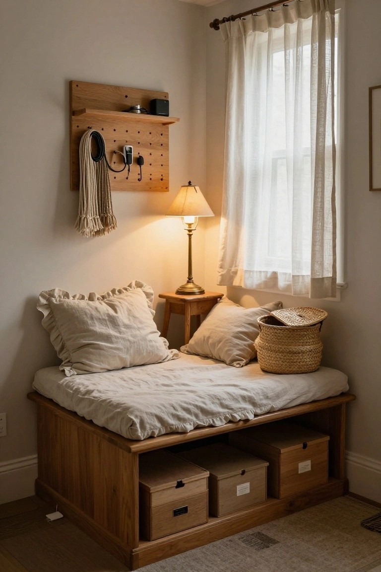 Wooden daybed bench with linen bedding and pillows in a light beige room corner, featuring under-storage drawers with boxes, pegboard wall with accessories, table lamp, sheer curtains by window, and woven basket.