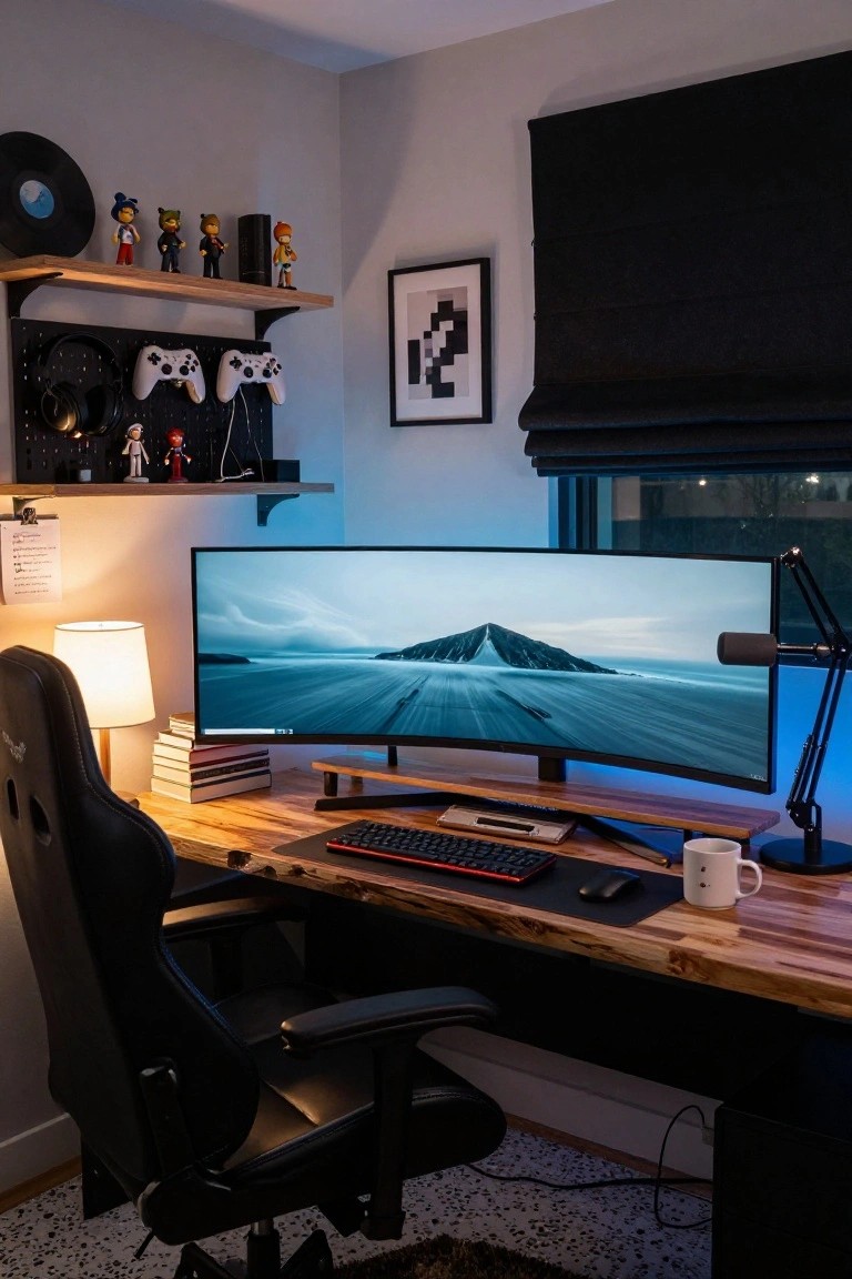 Wooden desk with curved monitor displaying a landscape, red-backlit keyboard, black gaming chair, microphone arm, shelves with figurines and controllers, and blue ambient lighting in a bedroom setup.