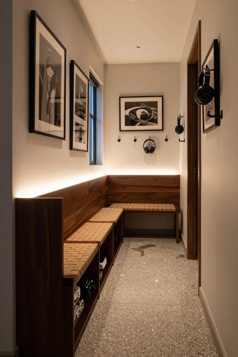Narrow hallway with wooden benches, framed black-and-white artwork, and headphone hangers.