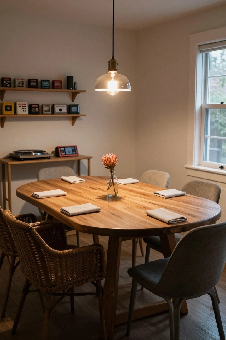 Oval wooden dining table set with folded linen napkins and a central glass vase holding a single protea flower, surrounded by wicker and upholstered chairs in a light room with wall shelves displaying colorful cassette tapes and a sideboard with turntable.