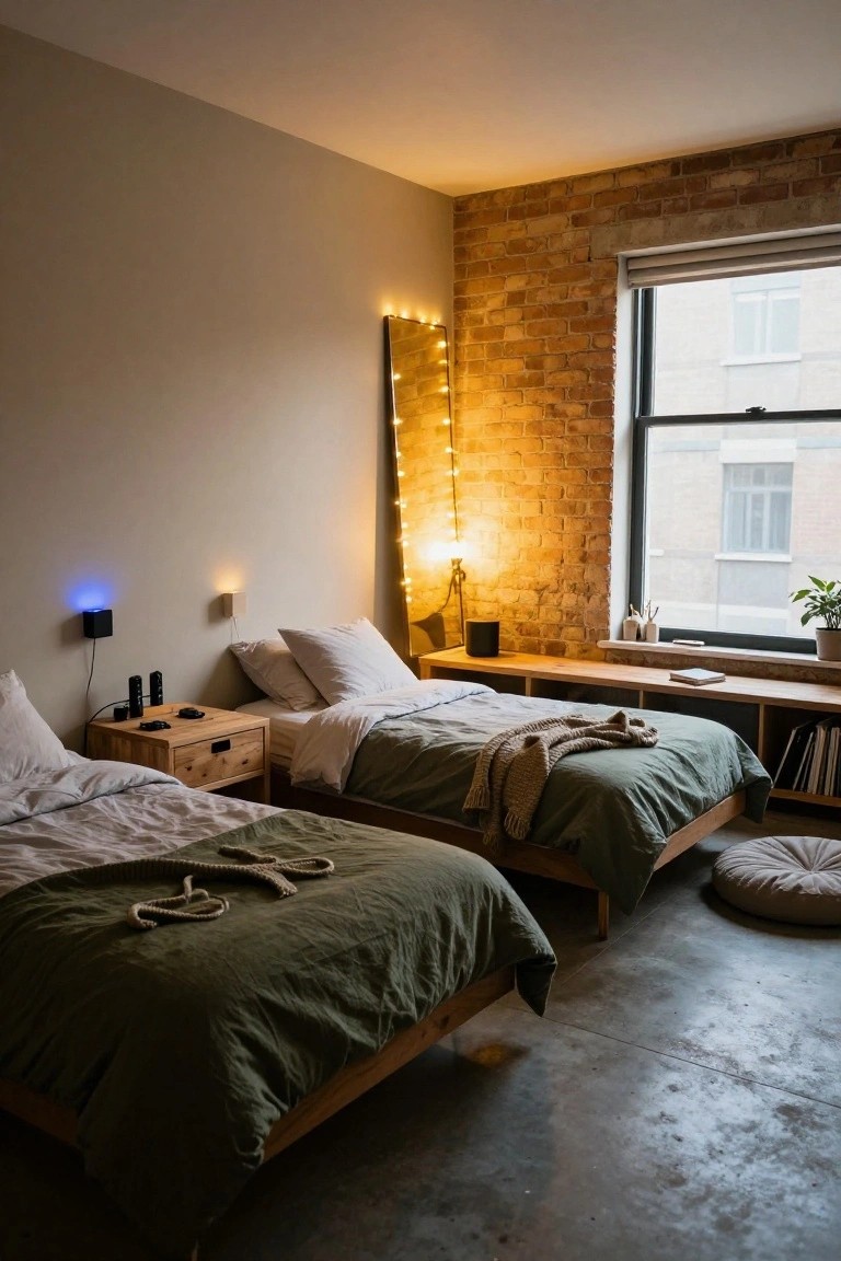 A loft-style bedroom with two adjacent wooden frame beds draped in green and white linens, exposed brick wall lined with string lights, wooden nightstand holding speakers, built-in shelving with books, and a potted plant by a large window.