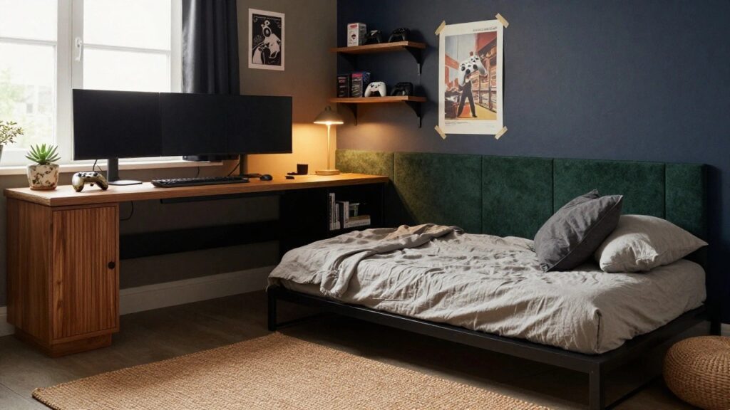 18 Charming Gamer House Aesthetic Ideas For Cozy Nights Bedroom with wooden desk holding dual computer monitors, keyboard, mouse, and gaming controller, set against green fabric wall panels, beside a bed with gray sheets and a pouf stool.