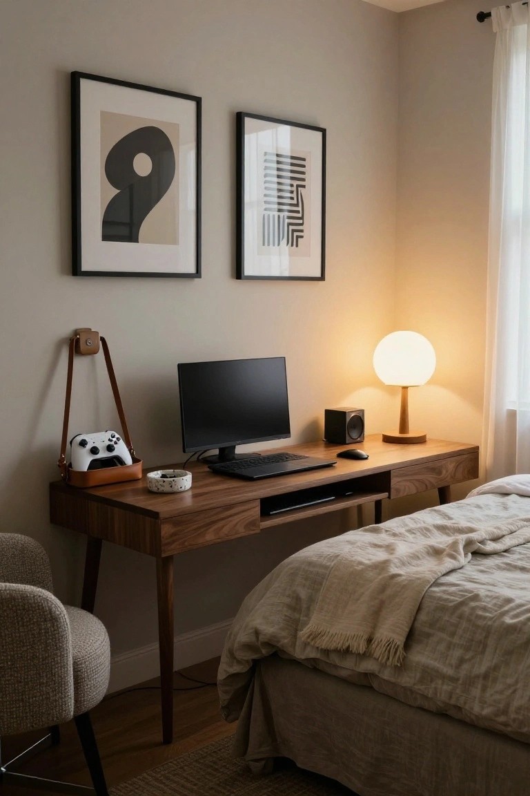 Cozy indoor corner with walnut desk holding black monitor and keyboard, wall-mounted brown leather strap holder with white Xbox controller, abstract black-and-white framed prints on beige walls, white globe lamp on wood base, and bed with light gray throw in background.