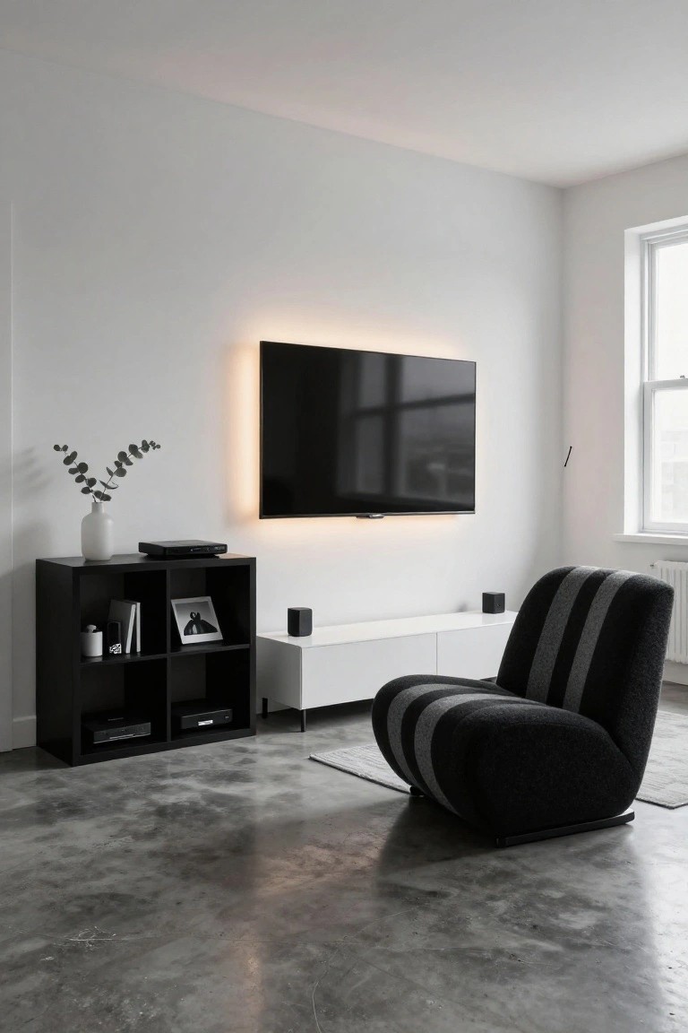 Modern interior room featuring a large wall-mounted black TV with orange LED backlight, black cube shelving unit holding media players and books, white credenza, black cube speaker, potted eucalyptus plant, and black-and-gray striped pod armchair on polished concrete floor.