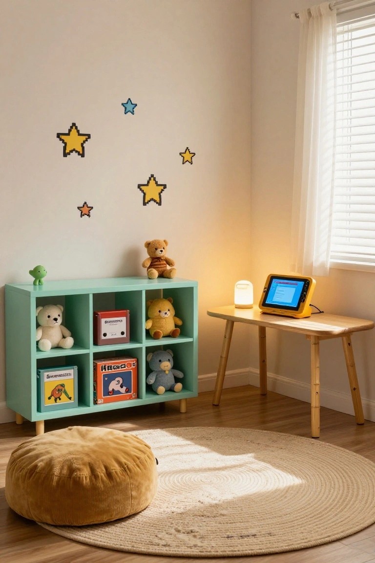 Children's room corner featuring a mint green cubby bookshelf with stuffed animals, books, and games, a wooden desk with a yellow tablet and lamp, pixelated star decals on white walls, a round beige rug, and an orange pouf.