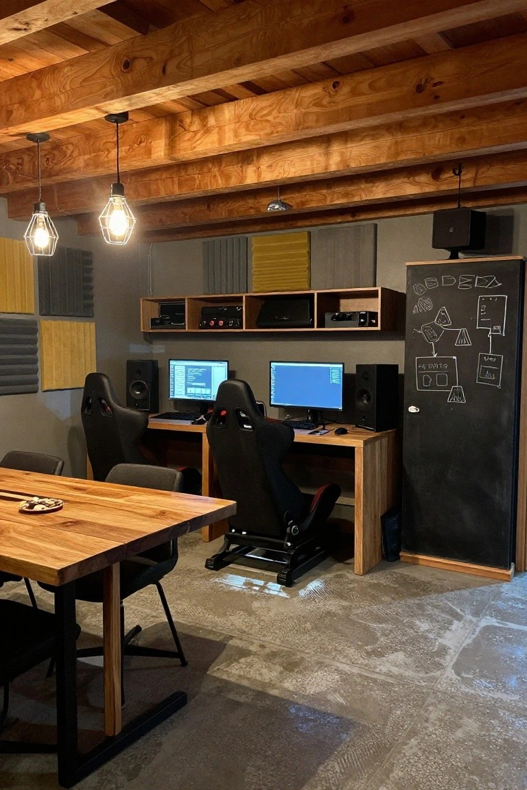 Interior of a gaming room featuring exposed wooden beam ceiling, two desks with dual monitors and ergonomic chairs, acoustic panels on walls, wooden table, and chalkboard with diagrams.