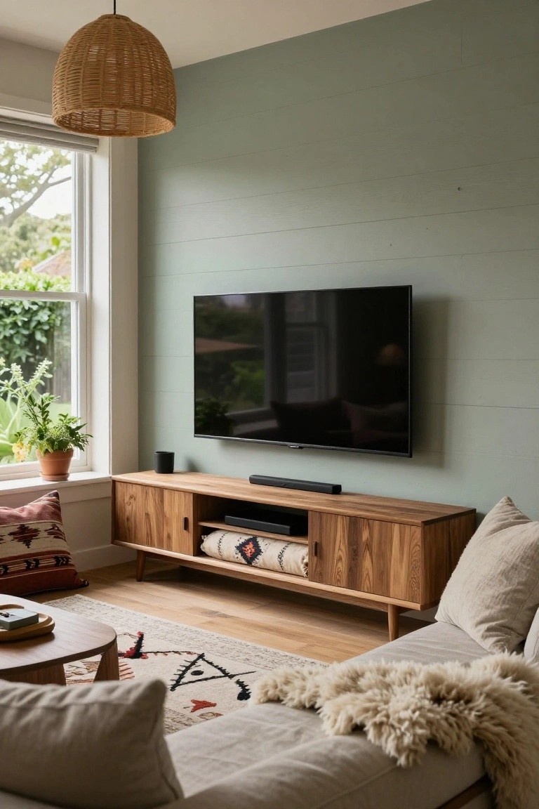 A living room with a wall-mounted black TV above a wooden media console on a green shiplap wall, flanked by a beige sofa, coffee table, plants, and a window.