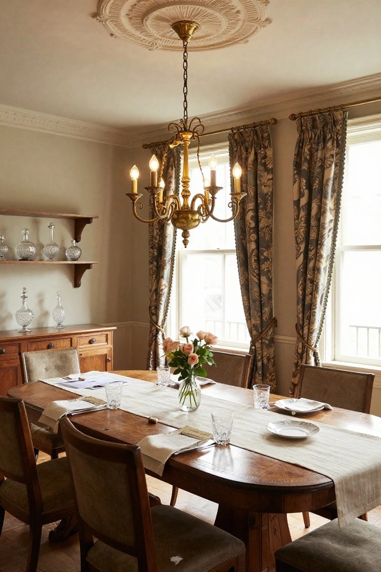 Vintage dining room featuring a brass five-light chandelier over an oval wooden table with upholstered chairs, wooden shelves with glass decanters, a vase of roses on the table, and large windows with patterned drapes.