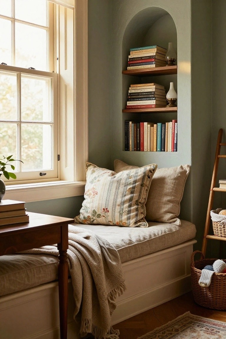 Sage green room with arched niche bookshelves, cushioned window bench seat with pillows and throw, wooden side table, ladder, and woven baskets on floor.