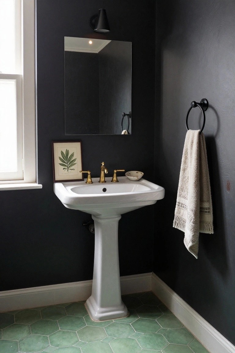Corner bathroom with dark charcoal walls, white pedestal sink, gold faucets, hanging beige towel on black holder, green hexagonal floor tiles, wall mirror, and framed botanical print.