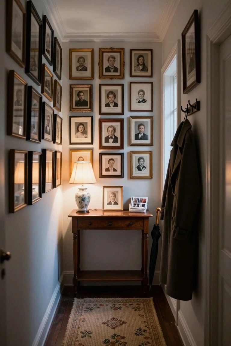 Narrow indoor hallway with walls densely covered in gold, black, and wood-framed black-and-white family portraits, a wooden console table holding a ceramic lamp and photo frames next to a coat rack with a coat and umbrella, on a patterned rug over hardwood floor.