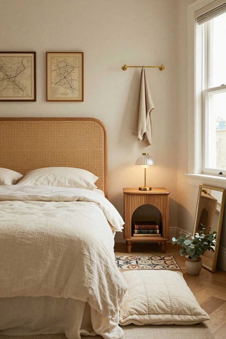 Bedroom corner with curved rattan headboard on a bed with white linen sheets and pillows, arched wooden nightstand holding books and a white scalloped lamp, gold towel rail with beige towel hanging, two framed maps on wall, and window with blinds.