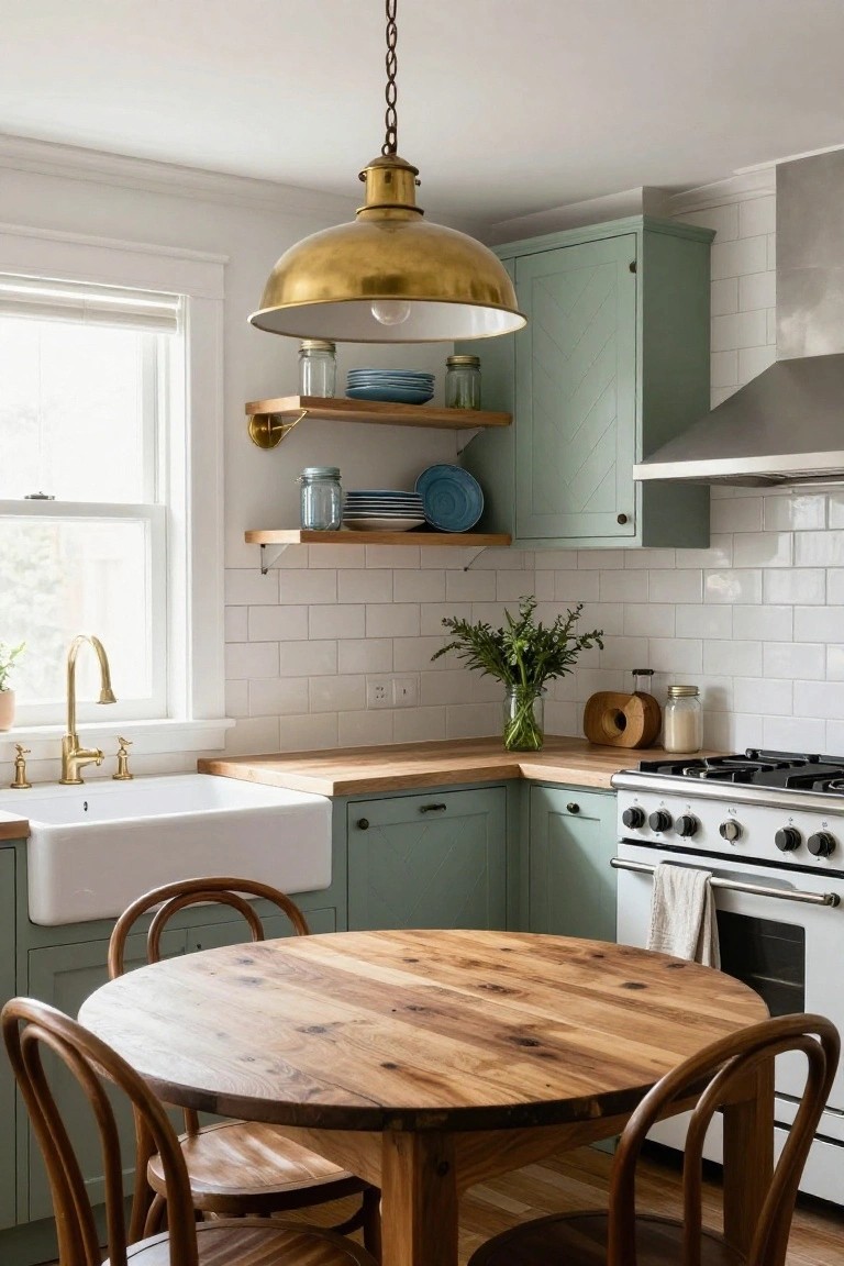 Kitchen corner with sage green lower cabinets, white subway tile backsplash, wood countertop and round dining table, white farmhouse sink, stainless steel range and hood, brass pendant light, and wood chairs.