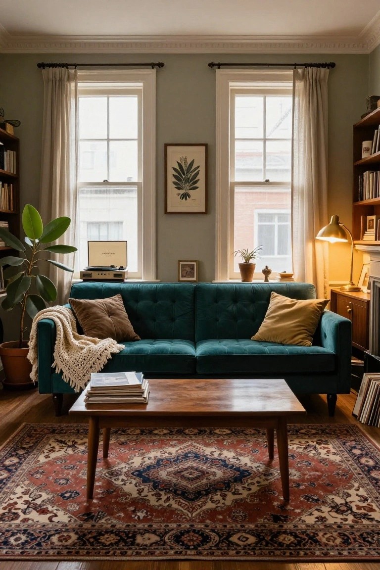 Living room interior with emerald green tufted sofa on red Persian rug, wooden coffee table stacked with books, bookshelves, potted plants, record player, large windows with sheer curtains, and brass lamp.