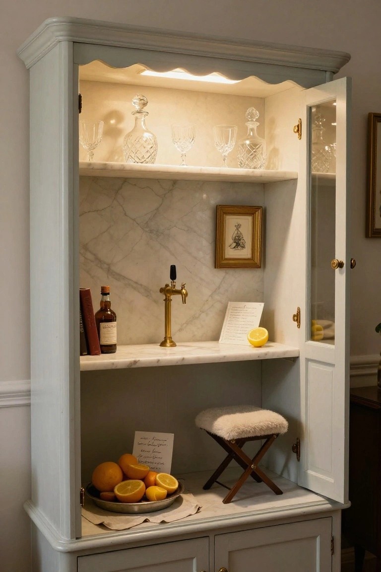 Open pale gray painted wooden armoire with lit interior, marble shelves displaying crystal glassware, decanters, whiskey bottle, gold beer tap, books, lemon, small stool, and oranges on a dish.
