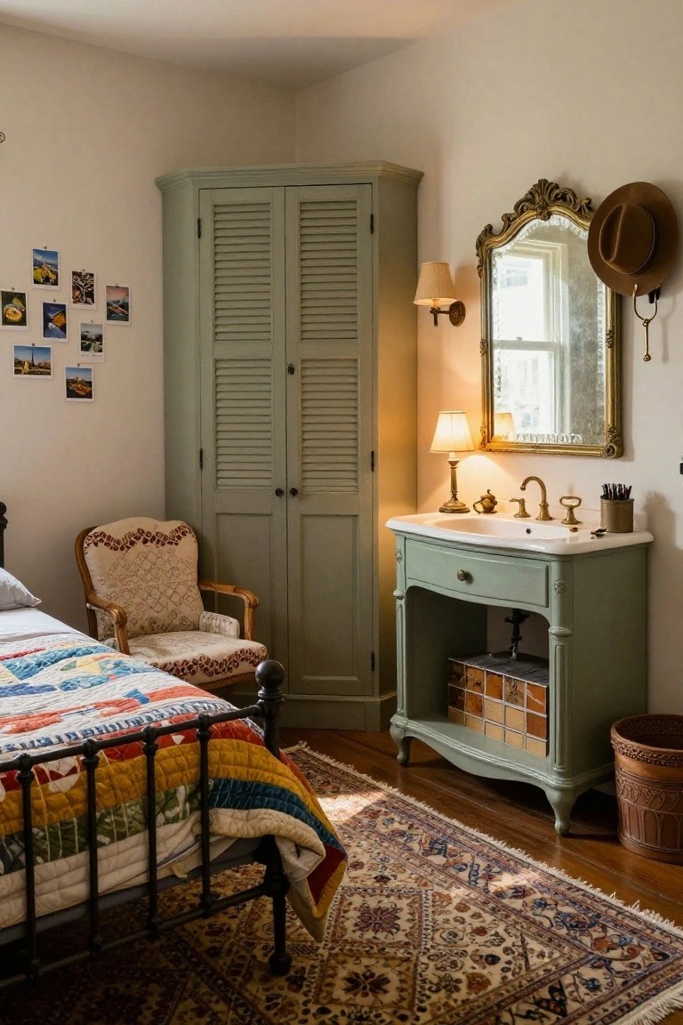 Bedroom corner showing sage green painted louvered wardrobe, antique-style pedestal sink with brass faucet and gilded mirror, iron bed with patchwork quilt, upholstered chair, and patterned rug on wood floor.