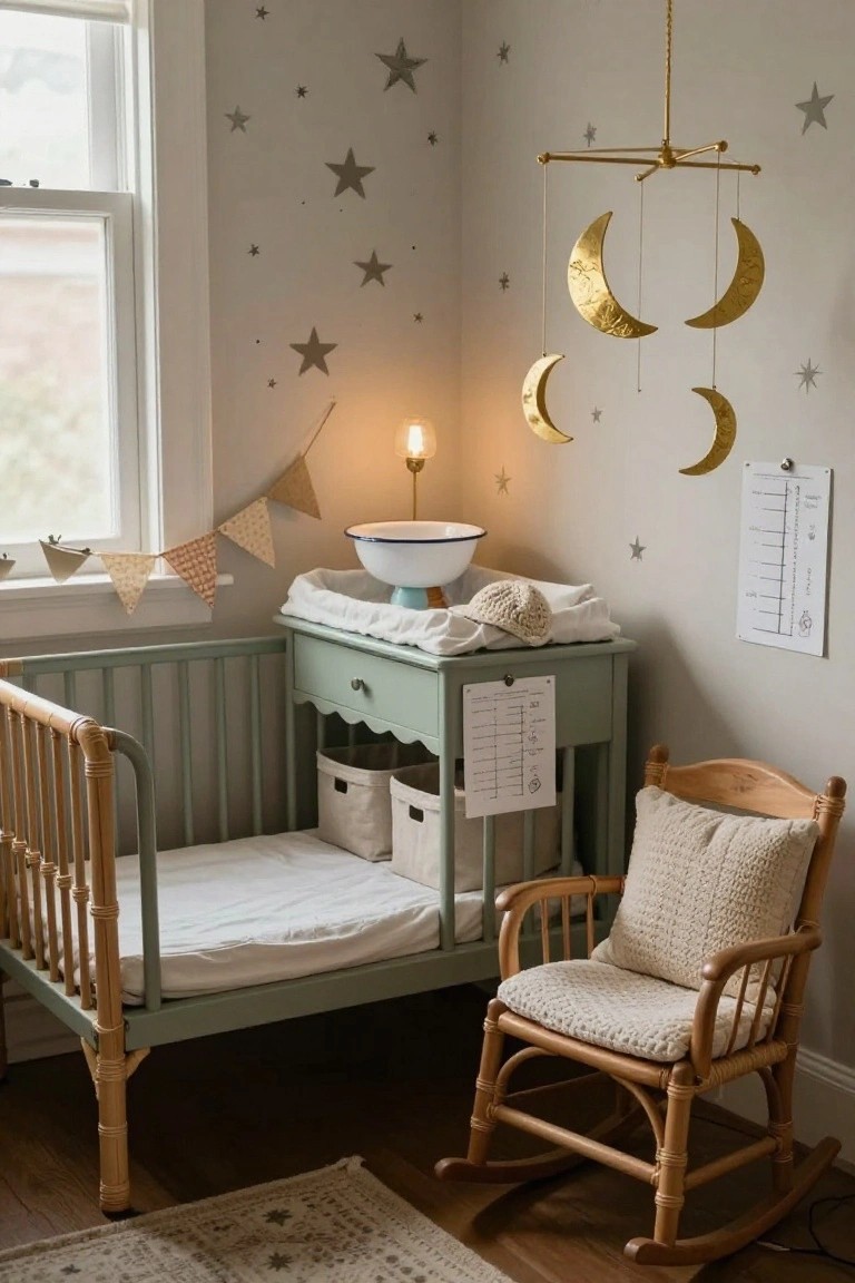 Light grey nursery room with star decals on walls, mint green painted wooden crib with rattan sides, matching scalloped changing table, white bowl basin, golden moon mobile overhead, wooden rocking chair with cream pillow, and small bunting flags near window.
