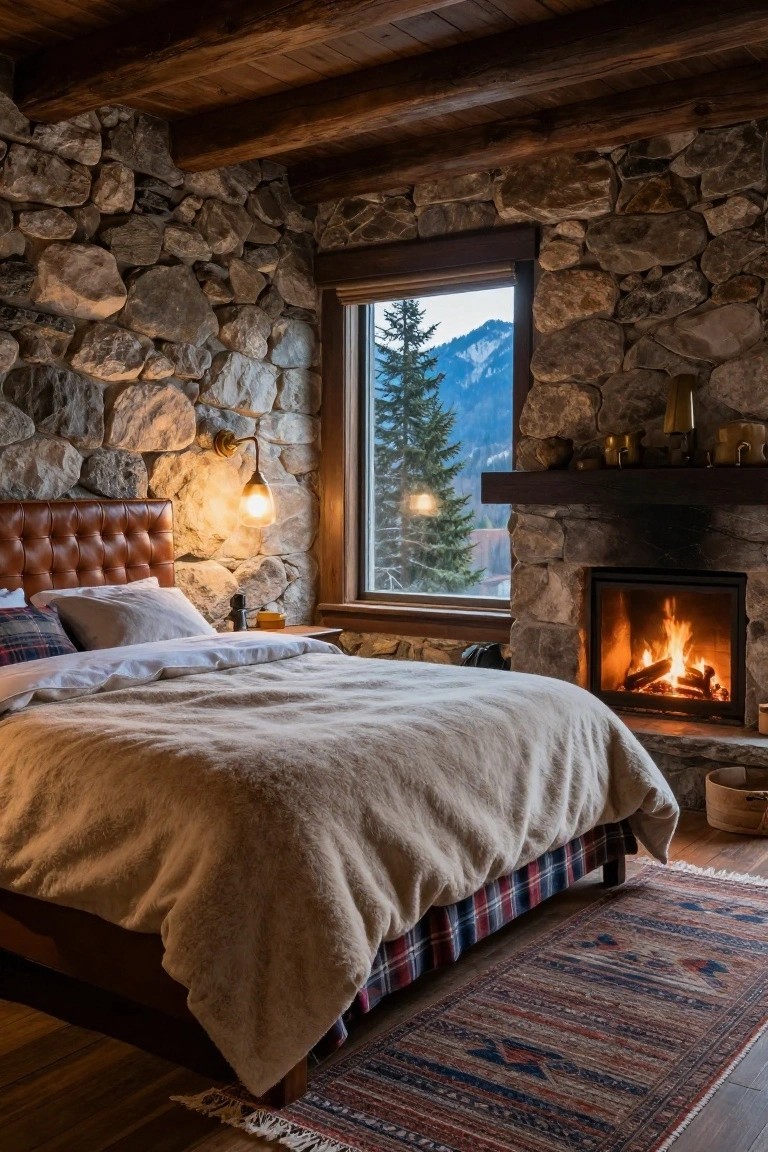 Cozy bedroom with light brown leather headboard bed covered in beige linens and plaid sheets, stone walls and fireplace with burning logs, wooden ceiling beams, wall lamp, and large window overlooking pine trees and snowy mountains.
