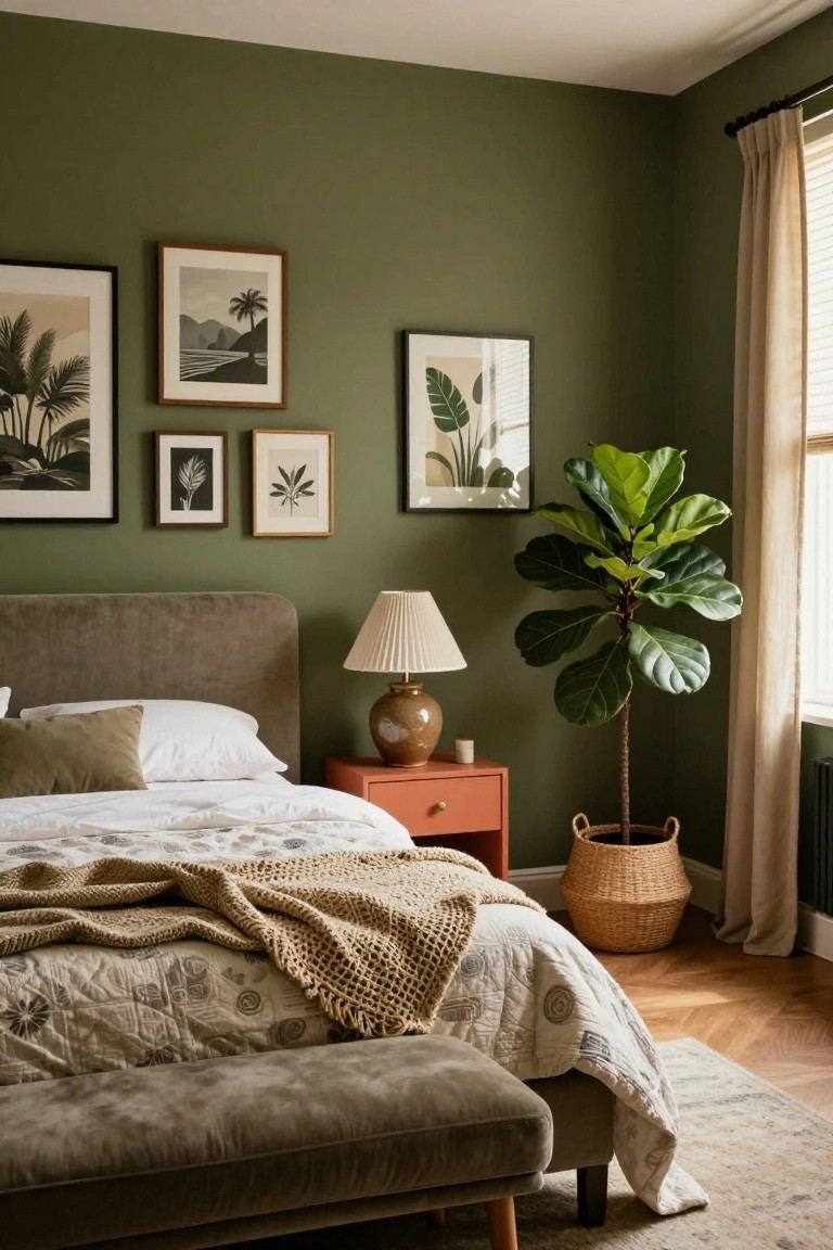 Bedroom interior with sage green walls, taupe upholstered bed headboard and foot bench, white duvet with knit throw, orange bedside table and lamp, large potted fiddle leaf fig in woven basket, gallery wall of framed botanical and tropical prints, beige curtains, and hardwood floors.
