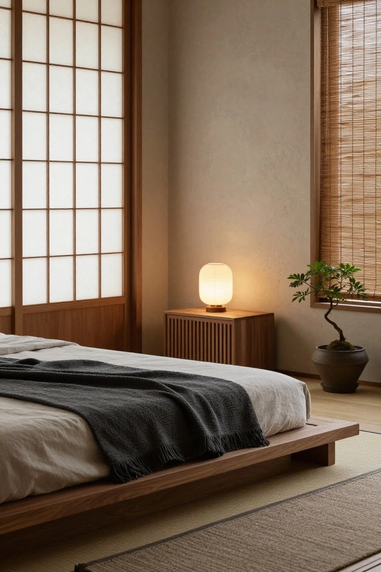 Bedroom interior with shoji screen panels on one wall, low wooden platform bed with white sheets and gray knit throw, slatted wood bedside table holding rice paper lamp, bonsai tree in gray pot, bamboo blinds on another window, and beige tatami-style rug on wood floor.