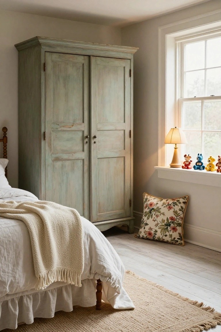 Bedroom interior with tall turquoise distressed armoire beside a white bed covered in cream knit throw, windowsill holding small colorful figurines and table lamp, floral pillow on sill, and beige seagrass rug on light wood floors.