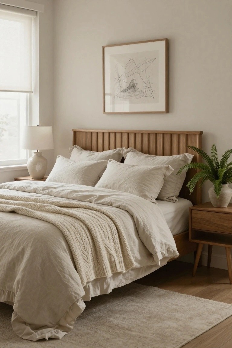 A bedroom corner with a slatted oak headboard bed draped in white linen bedding and a cream knit throw, flanked by wooden nightstands holding a lamp, vase, and potted fern, light beige walls, roller shade window, and light wood floor with beige rug.