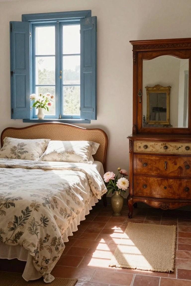Sunlit bedroom with open blue louvered shutters on a double window overlooking greenery, rattan bed frame with white floral linens and pillows, antique wooden armoire dresser with mirror, two vases of pink peonies, seagrass rug on terracotta tile floor.