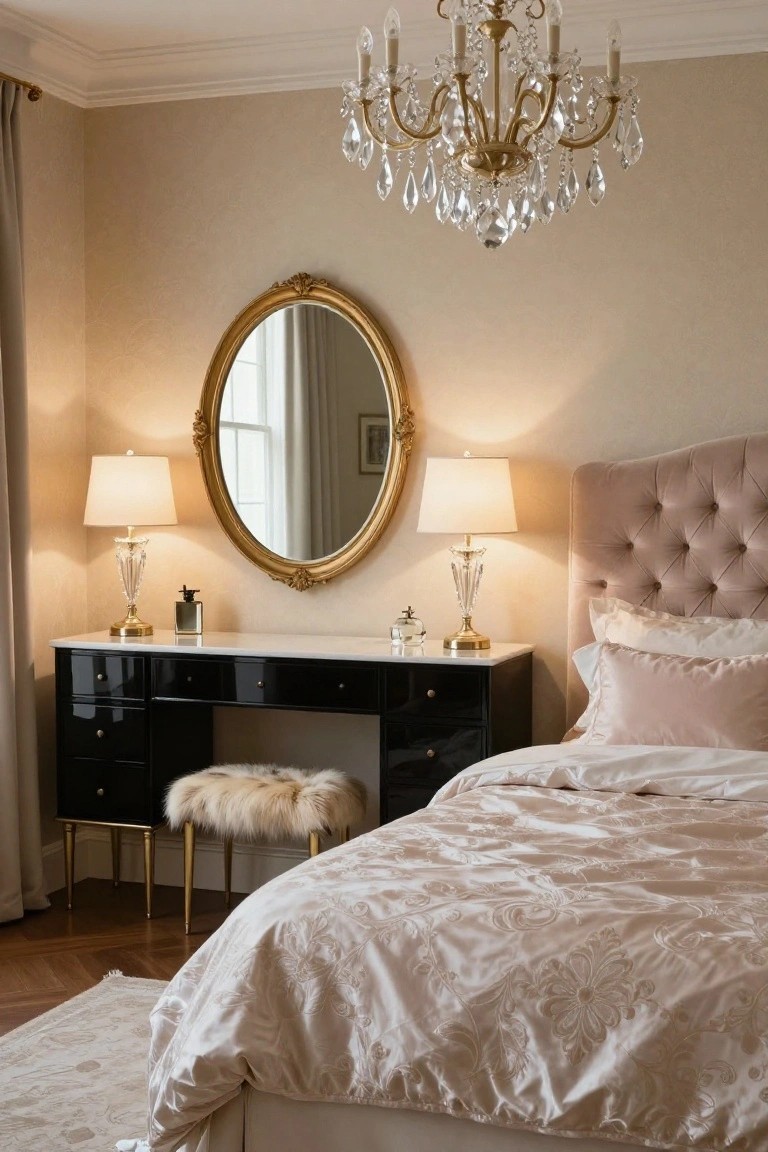 Bedroom interior with blush pink tufted headboard and bedding, glossy black vanity dresser topped with white marble and flanked by crystal lamps, gold-framed mirror, fur stool, and crystal chandelier overhead.