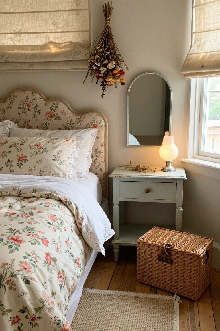 Bedroom corner with scalloped floral-upholstered headboard in pink roses on cream, matching duvet and pillows, nightstand holding lamp and dried stems, arched mirror, wicker basket, beige rug on wood floor.