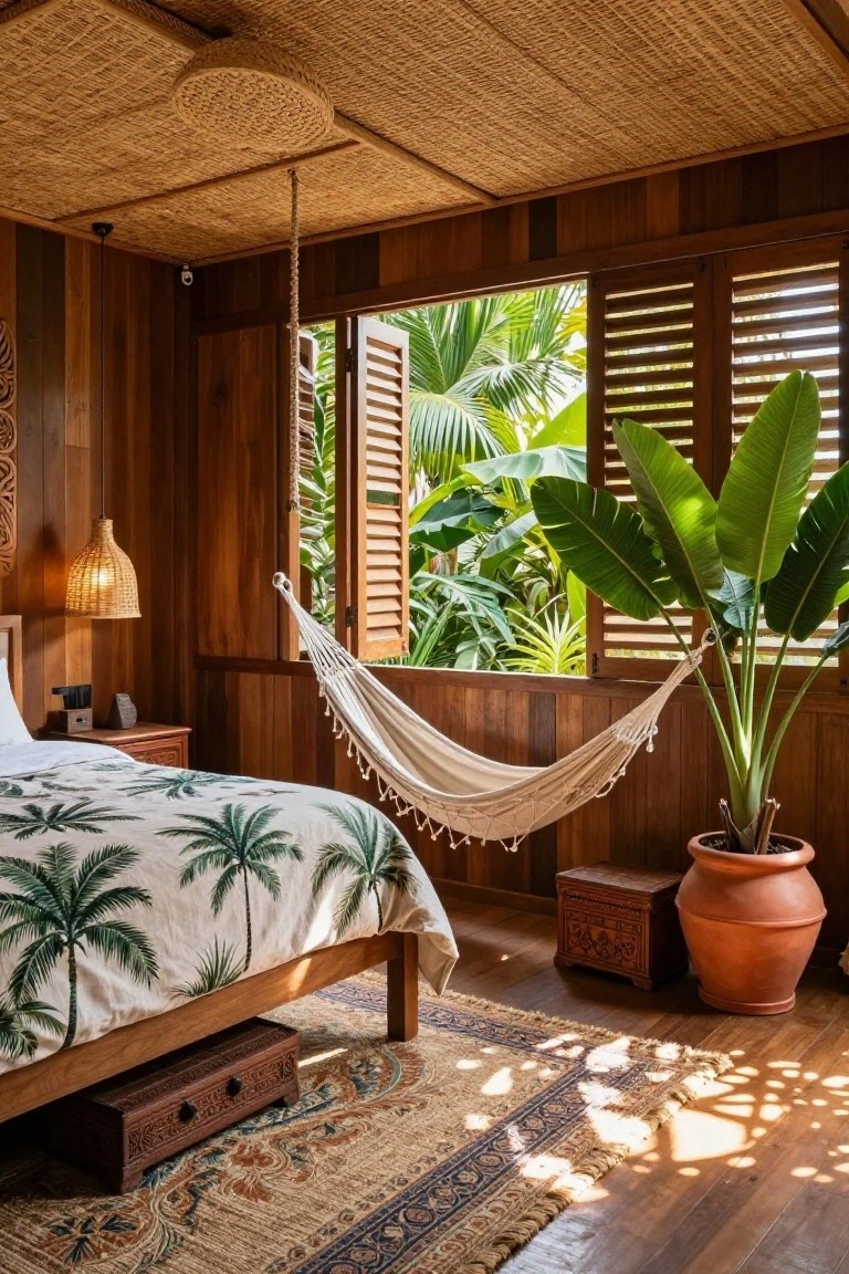 Wooden-paneled bedroom with thatched ceiling, white hammock hanging near open louvered windows overlooking tropical plants and palms, bed with white palm-print duvet cover, wooden nightstand, large potted plant in terracotta pot, and woven rug on wood floor.