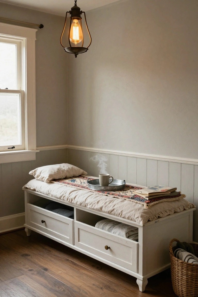 White wooden bench with open drawers containing linens, topped with beige cushions, pillows, books, metal tray, and mug in a light gray bedroom corner under a window, with a wicker basket nearby.
