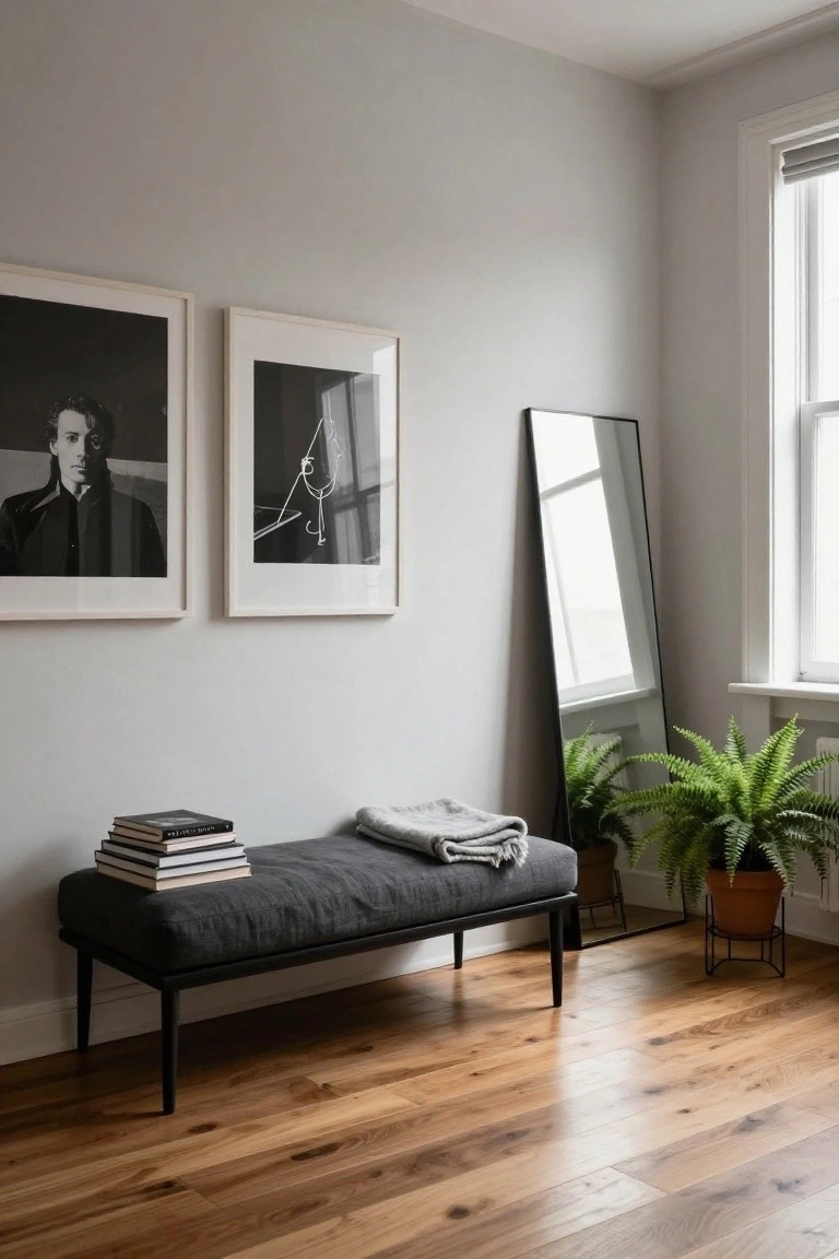 Gray upholstered bench with stacked books and gray throw in a light gray bedroom corner, next to tall black-framed mirror, Boston fern in orange pot, and two framed black-and-white photos on wall above hardwood floor.